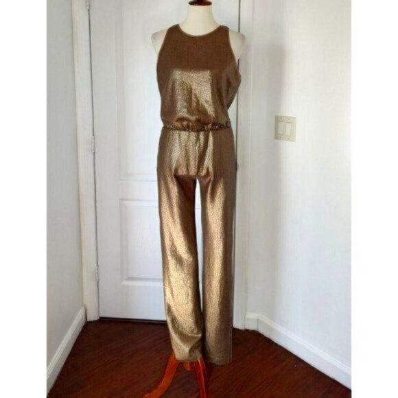 BCBGMaxAzria Jumpsuit M Gold Sequins Sleeveless Lowe  Formal Party - Picture 7 of 16